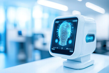 Futuristic biometric payment terminal with digital fingerprint scanner is displayed in modern, bright setting, emphasizing security and innovation