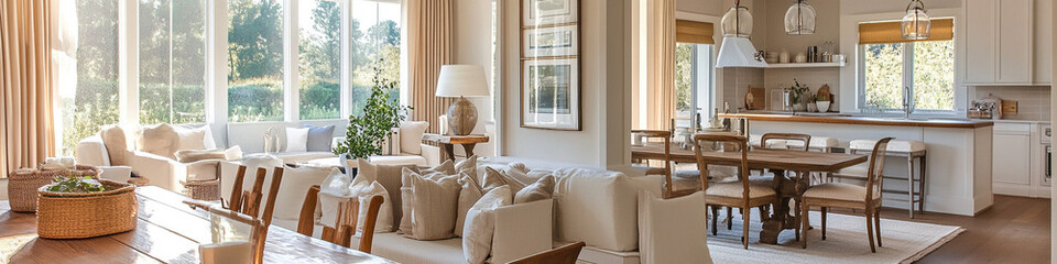 Open-plan living and dining room in soft neutral tones