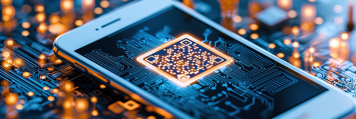 Smartphone displaying glowing QR code on digital circuit board background, symbolizing technology and connectivity. image conveys futuristic and innovative atmosphere