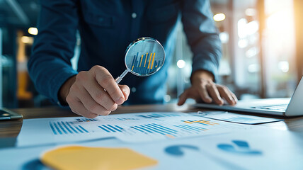 Person closely examines financial documents with magnifying glass, focusing on charts and graphs, in modern office setting. scene conveys attention to detail and analysis
