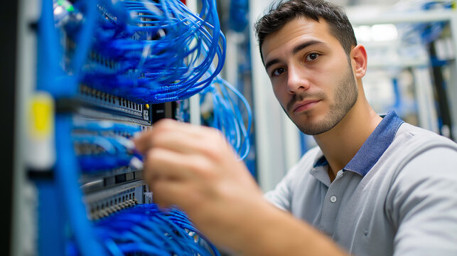 A young male technician in a polo shirt works with numerous blue network cables in a server rack, highlighting data center maintenance and IT operations.
