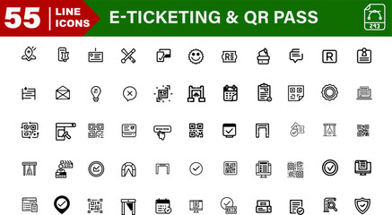 E-Ticketing and QR Pass Icons – QR Code, Ticket App, Scan Gate, Booking