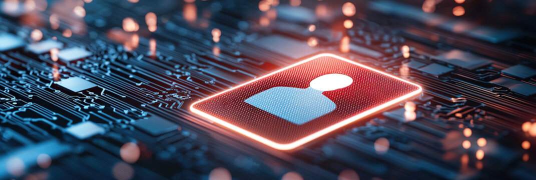 Glowing digital icon of person is displayed on circuit board, symbolizing secure data storage and employee verification in futuristic setting