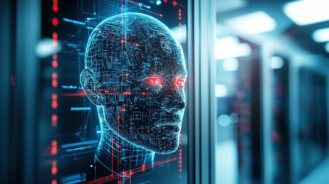 Digital representation of human face with biometric features is displayed screen high tech environment, suggesting advanced security technology. glowing red eyes and circuit like patterns convey