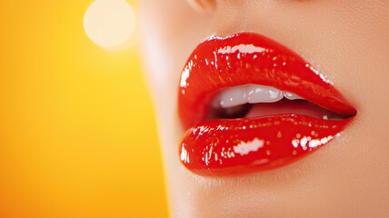 Obraz premium Glossy red lips shine against vibrant yellow background, creating bold and striking visual. close up captures smooth texture and vivid color, evoking sense of glamour and allure