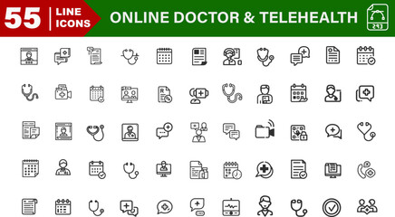 Online Doctor and Telehealth Icons – Virtual Doctor, Prescription, Health Chat