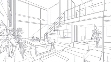 Interior design sketch of a modern open-plan home.
