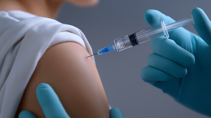 A healthcare professional in blue gloves administers a vaccine or injection into a patient's arm, emphasizing medical care and public health.
