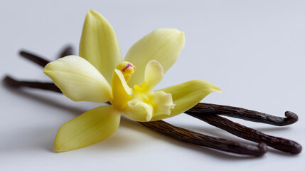 A delicate vanilla flower rests upon several dark vanilla beans, highlighting the natural source of this popular flavor.
