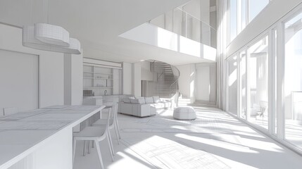 Modern, open-plan interior design concept.