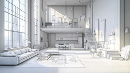 A loft style apartment with an open floor plan.