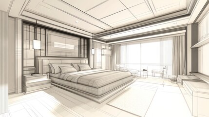 Architectural sketch of a modern bedroom interior.
