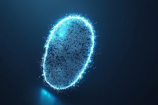 Glowing blue digital fingerprint scanner is depicted futuristic style, symbolizing security and technology. intricate fingerprint pattern is illuminated, highlighting its importance biometric