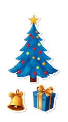 Cartoon Christmas Tree, Gift, and Bell: Festive Blue and Gold Sticker Design