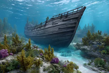  Ancient wooden ship resting on ocean floor surrounded by colorful coral shipwreck sunken ship © rashedhossain