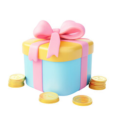 A colorful gift box with a pink bow and stacks of gold coins isolated on white background
