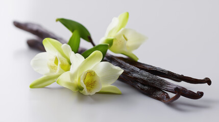 A delicate vanilla flower rests upon several dark vanilla beans, highlighting the natural source of this popular flavor.
