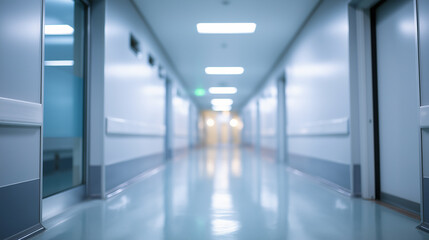 A long, blurred hospital corridor with a bright light at the end conveys a sense of depth and a clinical, futuristic atmosphere.
