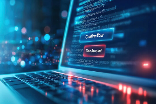Close up of laptop screen displaying verification email with Confirm Your Account button, surrounded by digital code and futuristic blue and red glow