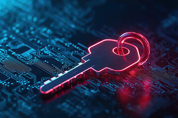 Glowing digital key on circuit board symbolizes cybersecurity and encryption, highlighting importance of data protection in digital age. vibrant colors convey sense of innovation