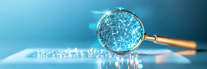 Magnifying glass hovers over digital network pattern on surface, symbolizing technology and data analysis. blue background enhances futuristic theme, highlighting connectivity