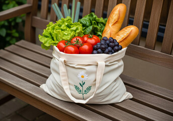 Reusable Cotton Bag Filled with Organic Produce on Wooden Bench 