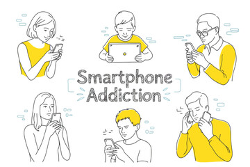 Naklejka premium Illustration of a family using smartphones with stars and the words family smartphone in the center