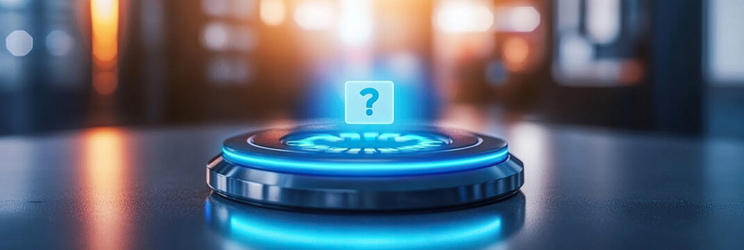 Glowing blue question mark hovers above futuristic platform, surrounded by blurred background with warm lighting, creating sense of mystery and curiosity