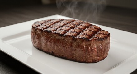 Grilled Steak Served on Clean White Rectangular Plate