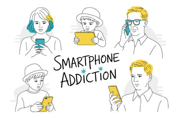 Naklejka premium Illustration of a family using smartphones with stars and the words family smartphone in the center