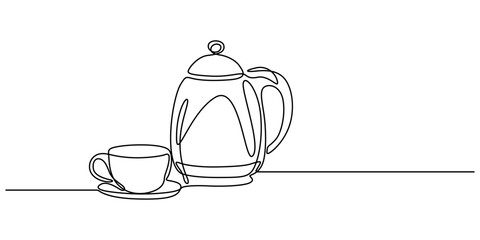 Teapot and tea cup vector one line continuous drawing illustration. Pouring drink. Hand drawn linear silhouette icon, Teapot with a cup outline drawing illustration. Minimal outline design element.