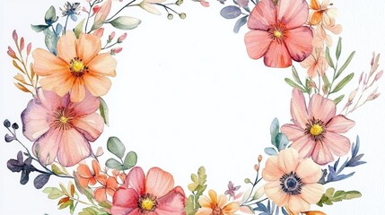 Obraz premium Watercolor Floral Wreath Peach, Pink Flowers and Leaves Frame, floral border, invitation
