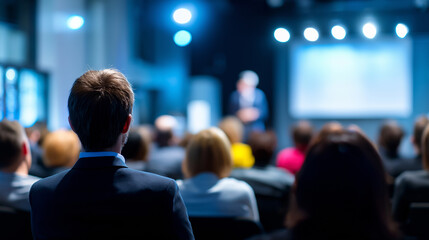 Fototapeta premium Back view of audience attending large business conference with stage and speakers in focus. 