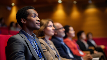 Focused business professionals listening to speaker during corporate conference in dark auditorium.
