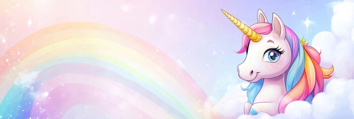 Naklejka premium Colorful unicorn illustration with a sparkling horn, surrounded by fluffy clouds and a vibrant rainbow, creating a whimsical and enchanting atmosphere for children's design projects