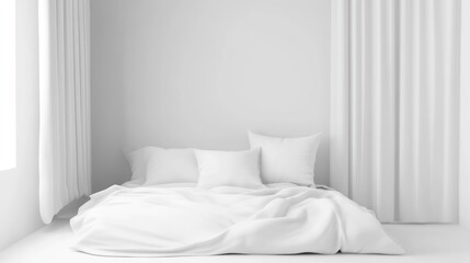 A minimalist bedroom interior design with white bedding and drapes.