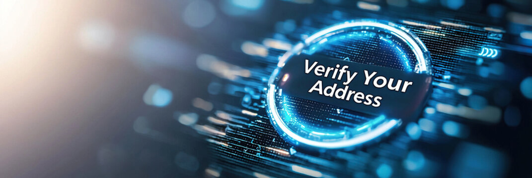 Digital interface displays glowing circular button with text Verify Your Address, surrounded by abstract blue light patterns, suggesting futuristic and secure online verification process