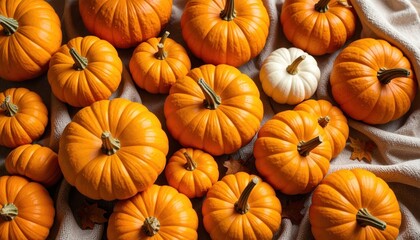 A vibrant assortment of orange and white pumpkins arranged on a soft fabric backdrop, evoking autumn