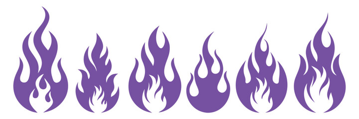 Purple Flame Icon Set. Stylized fire silhouettes for tattoos, decals, or hot rod graphics. Y2K style vector design elements for t-shirts or logos.