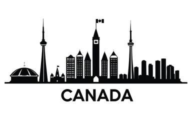 Naklejka premium American City Skyline Silhouette with Skyscrapers and Famous Towers in Minimal Black Design
