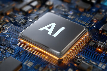 Advanced artificial intelligence processor chip glowing with energy on a circuit board technology