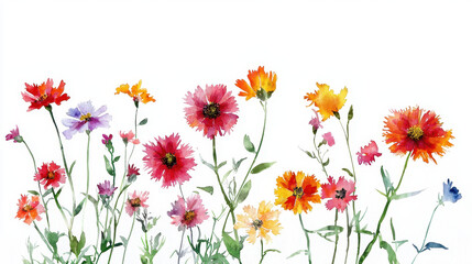 Fototapeta premium Watercolor floral illustration featuring vibrant flowers in various colors and shapes, creating cheerful and lively atmosphere