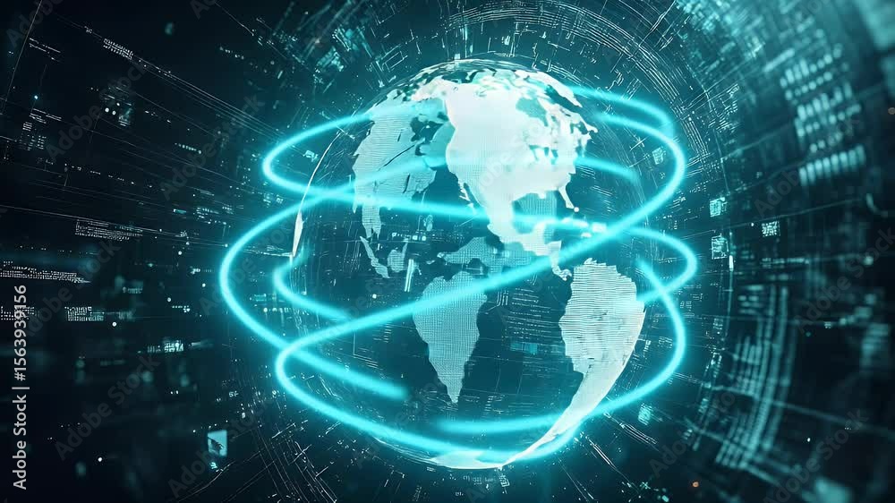 Poster digital earth globe rotating with glowing blue orbital lines against dark background featuring data 