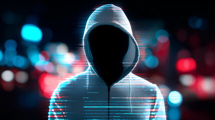Hooded hacker silhouette with hidden face in front of digital binary background.
