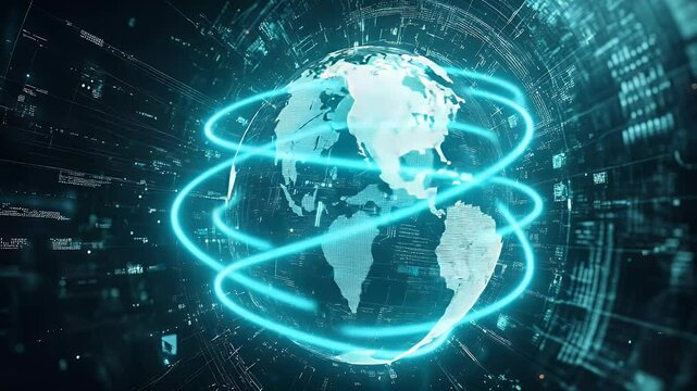 Digital Earth globe rotating with glowing blue orbital lines against dark background featuring data streams and binary code illustration. - Powered by Adobe