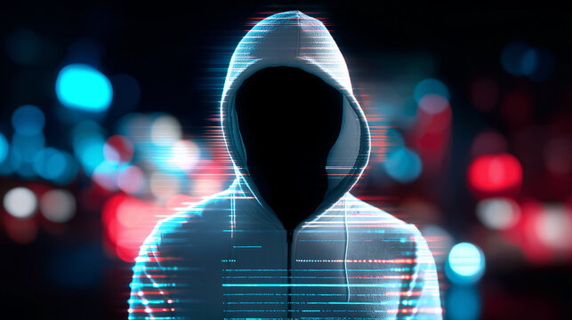 Hooded hacker silhouette with hidden face in front of digital binary background.
 - Powered by Adobe