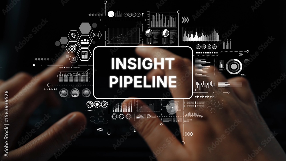 Poster hands on keyboard with data visualization elements for business insights and analytics pipeline. asy