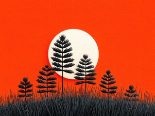 Silhouette of pine trees against an orange backdrop with a full moon, creating a stunning natural scene.