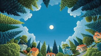 A serene night sky framed by tall trees, featuring a full moon illuminating peaceful homes below.