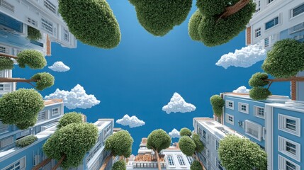 A mesmerizing view of modern buildings surrounded by lush greenery and a bright blue sky with fluffy clouds.